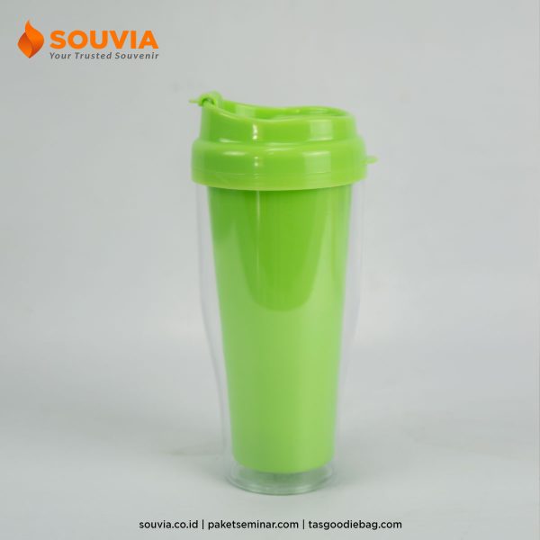 souvenir tumbler minum plastik dengan tutup hijau