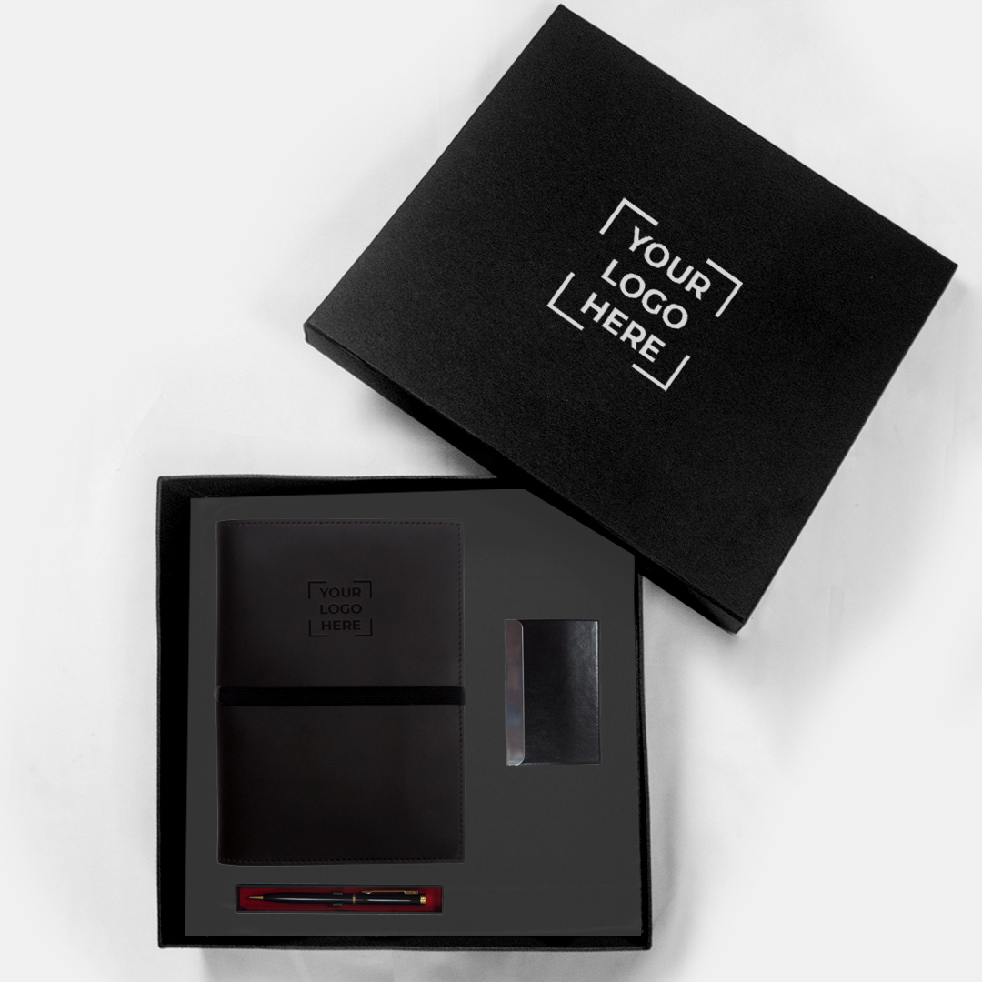 Gift set dalam kemasan box yang terdiri dari agenda, pulpen, dan card holder.