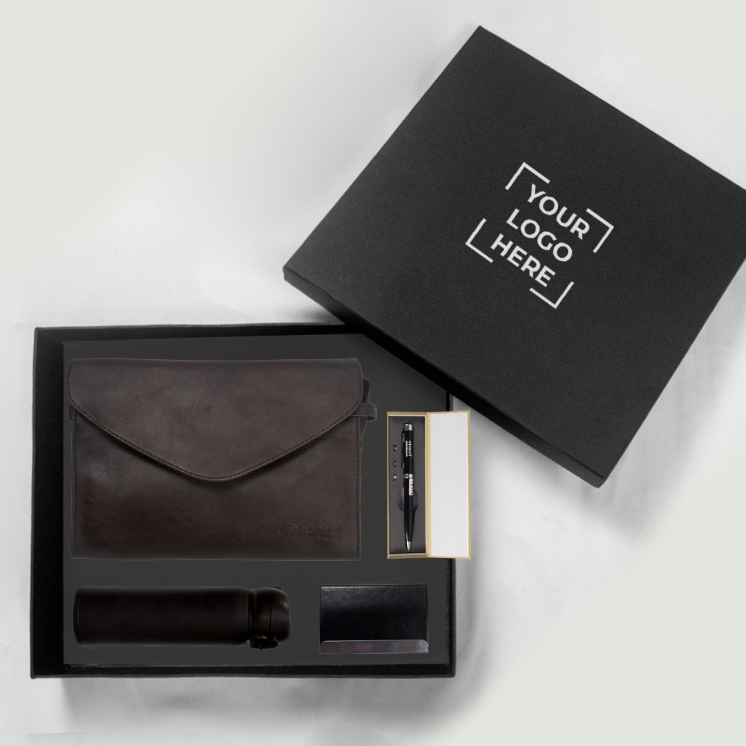 gift set dalam kemasan box yang terdiri dari pouch, tumbler, pulpen, dan card holder