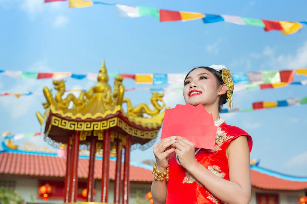 Gambaran wanita mendapatkan angpao chinese new year