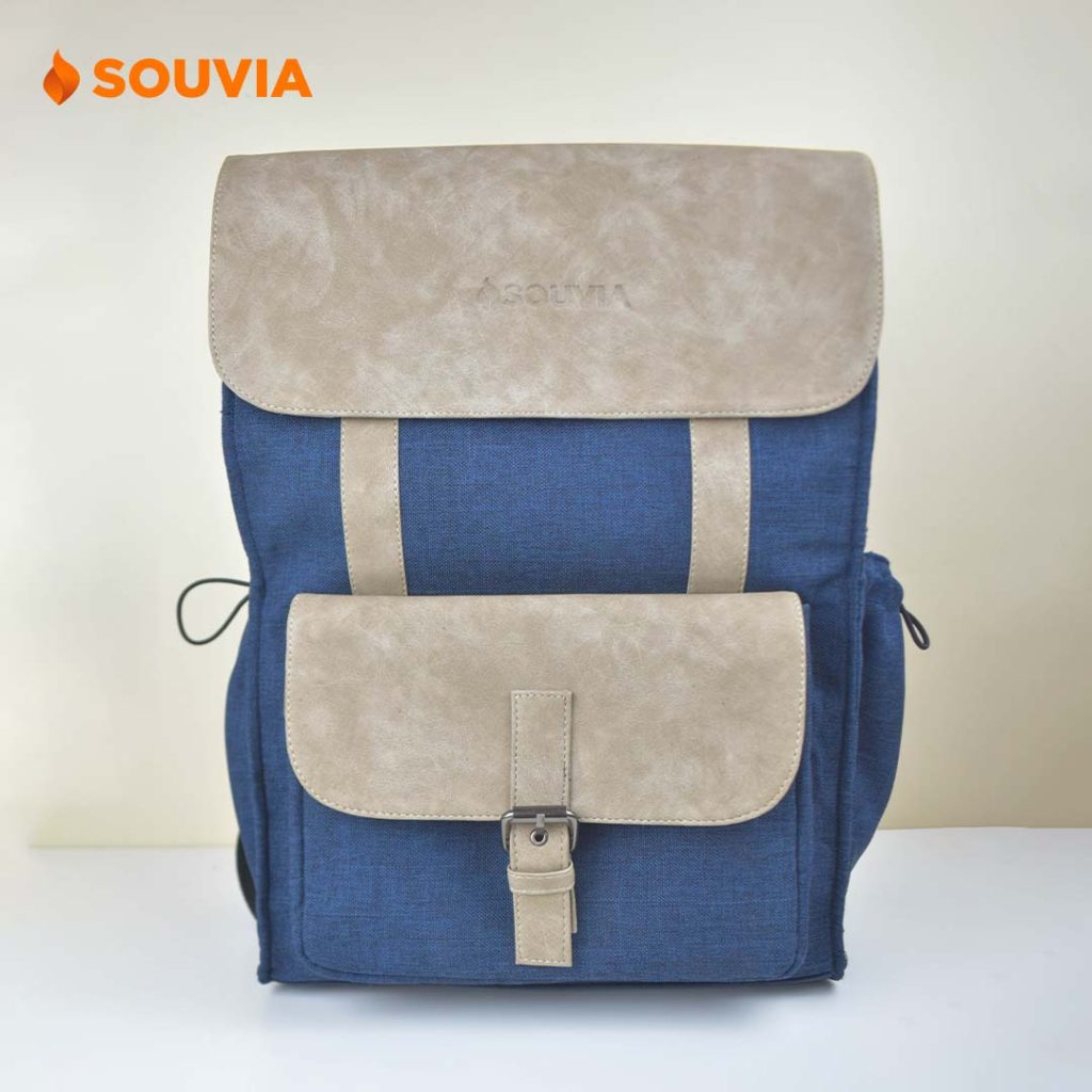 tas backpack laptop dengan bahan linen dan kulit sintetis