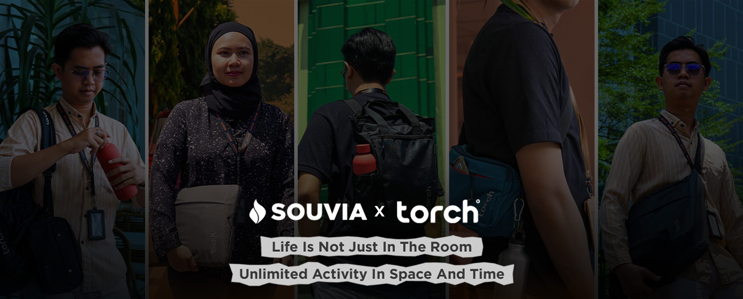 Banner kerjasama antara SOUVIA dengan TORCH kolaborasi tas Torch dan souvenir perusahaan SOUVIA